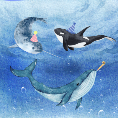 Diverse Wale (ein Orca, ein Blauwal, ein Narwal) haben Partyhüte und Tröten und schwimmen im Kreis.
